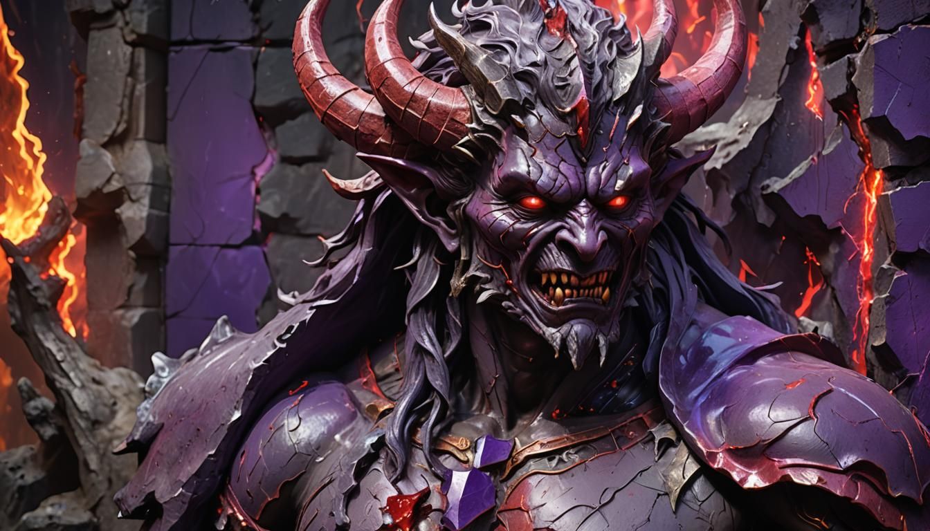 Cracked Demon God Statue with Neon Aura