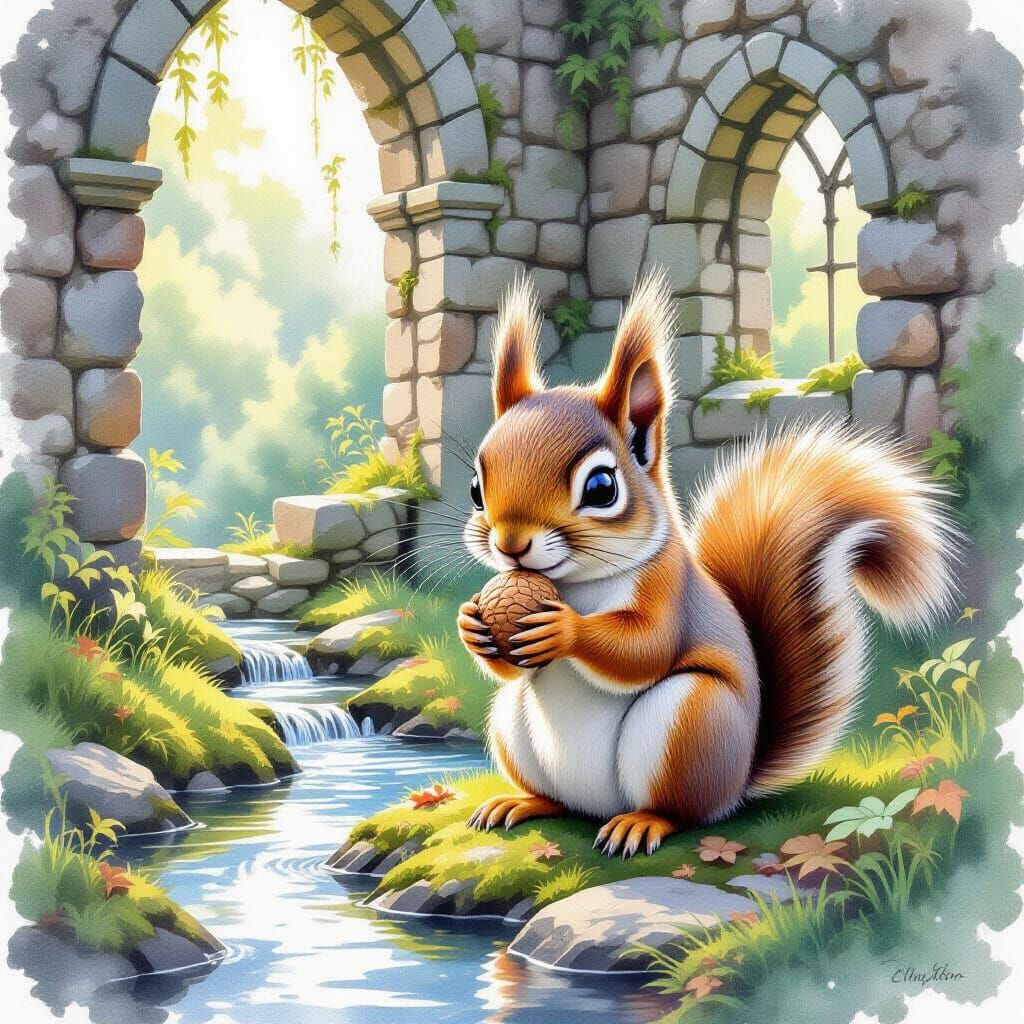 Mischievous Squirrel Near Castle Ruin, Watercolor Style