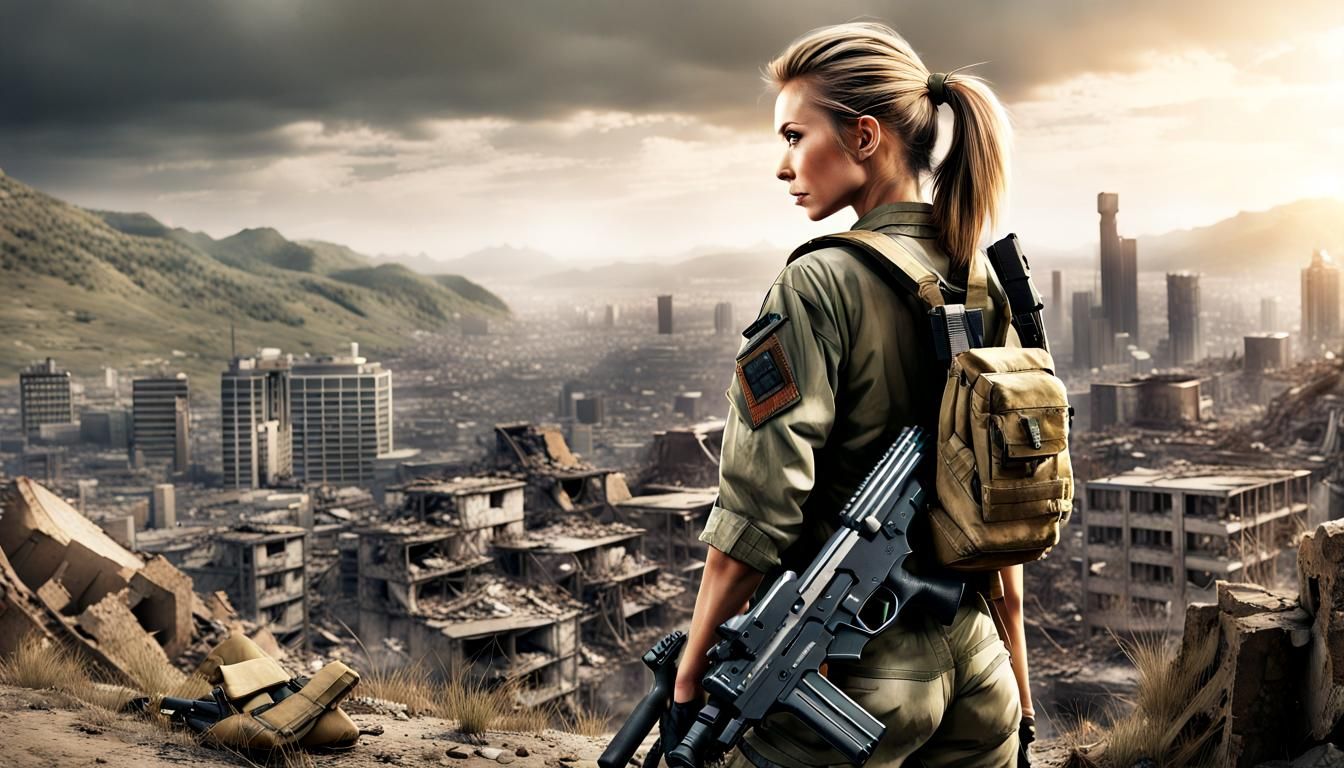 Post-Apocalyptic Soldier Overlooks Ruined City in 8K