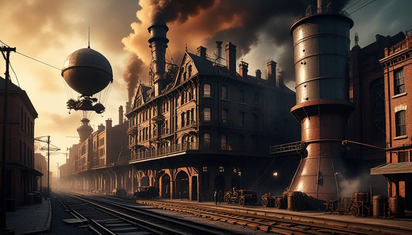 Steampunk Airship Soars Over Industrial Metropolis in Golden...
