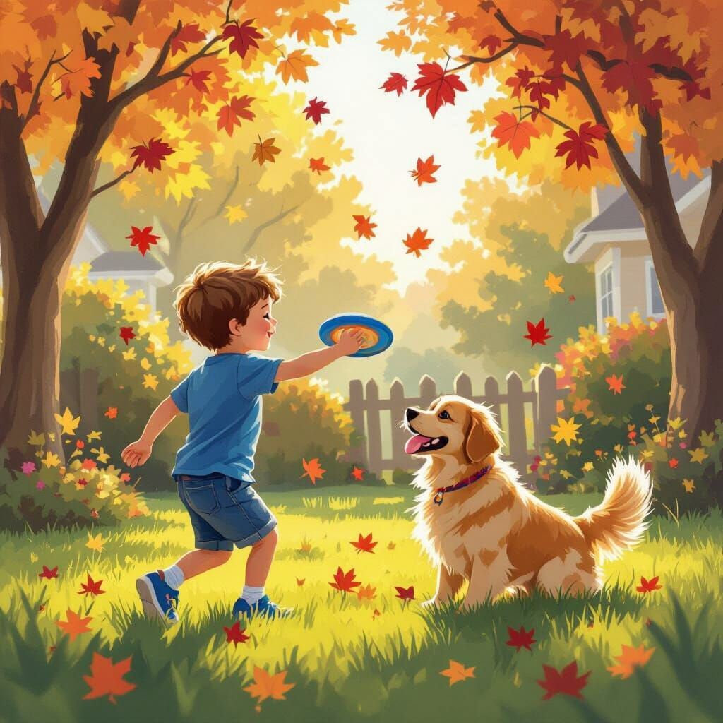 Boy and Golden Retriever Play Frisbee in Autumn Backyard