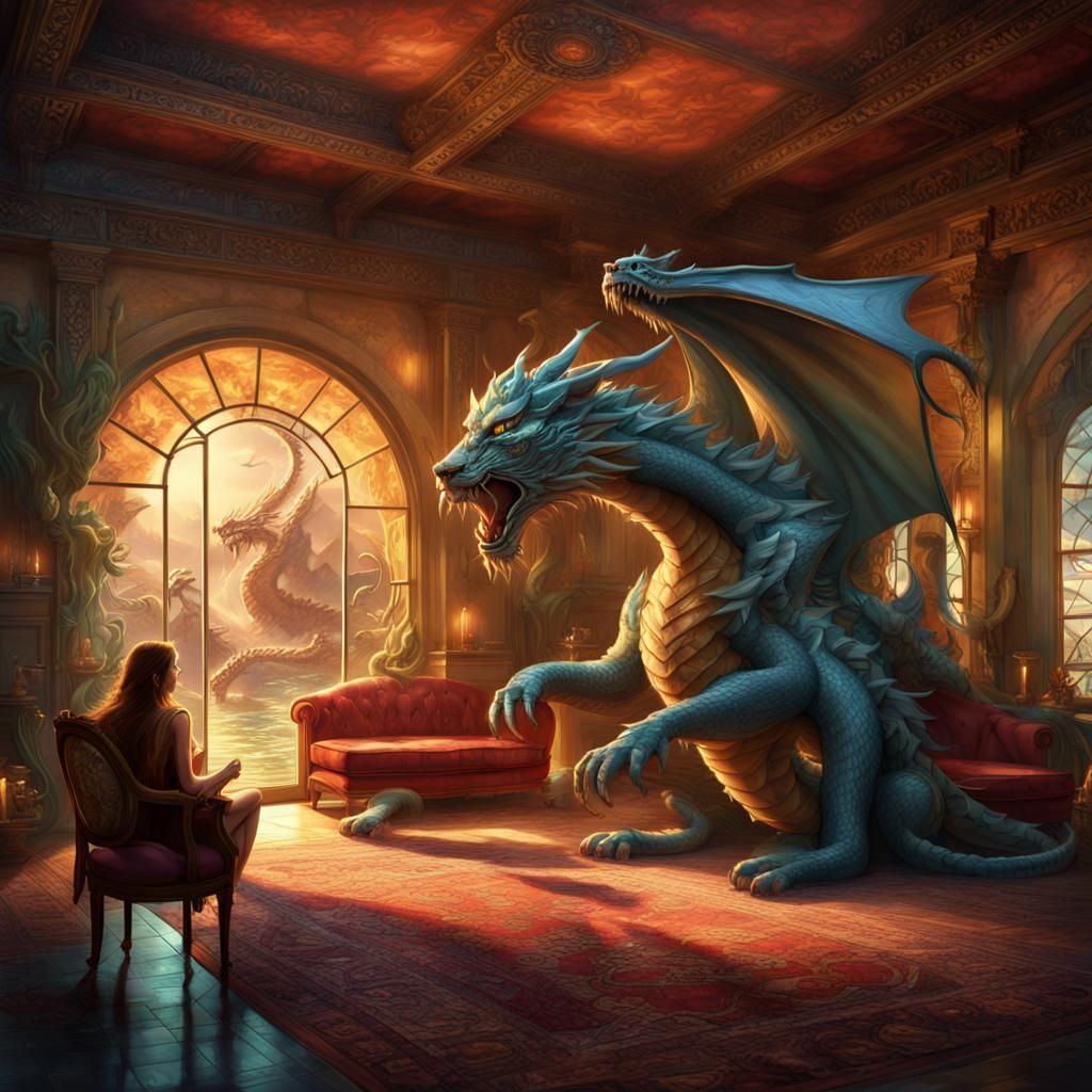 Dragon and Woman Battle in Fantastical Room