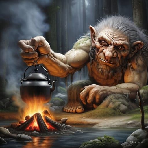 Icelandic Troll Cooks by Lakeside Fire, Luis Royo Style