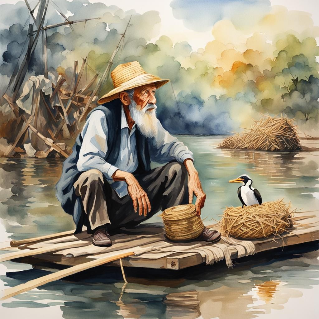 Old Man and Cormorant on River Raft