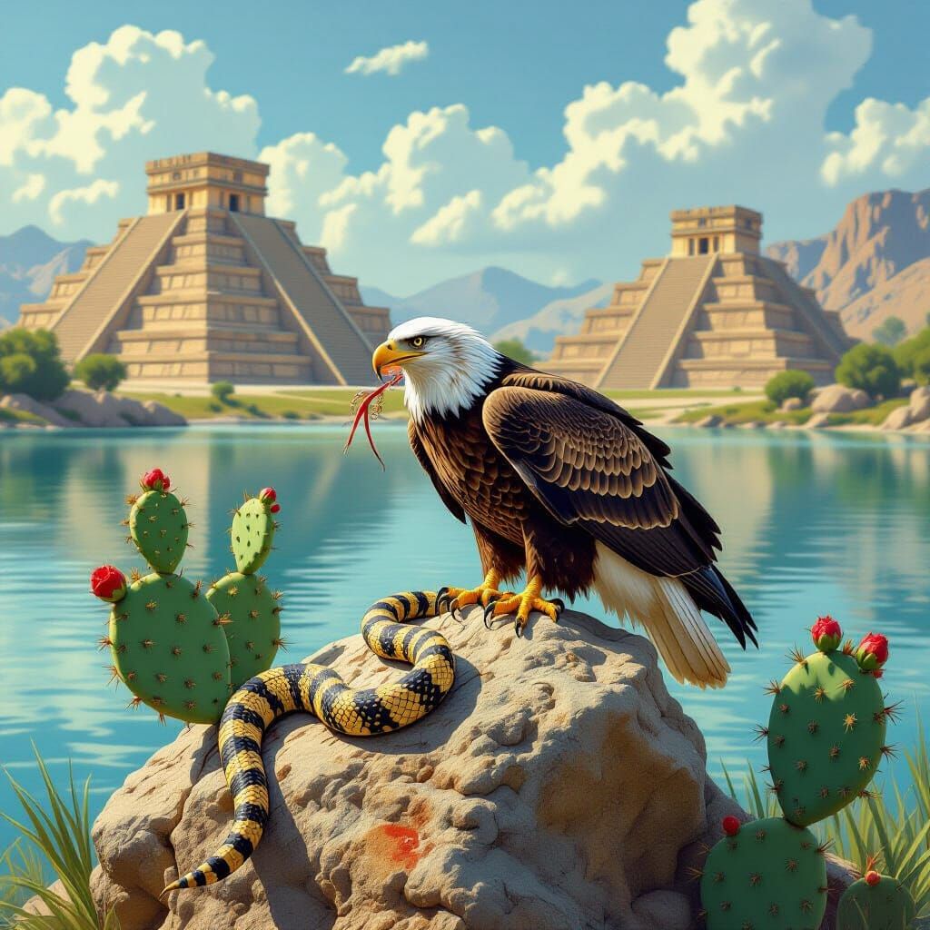 Mexican Eagle Devouring Snake on Cactus: Historical Illustra...
