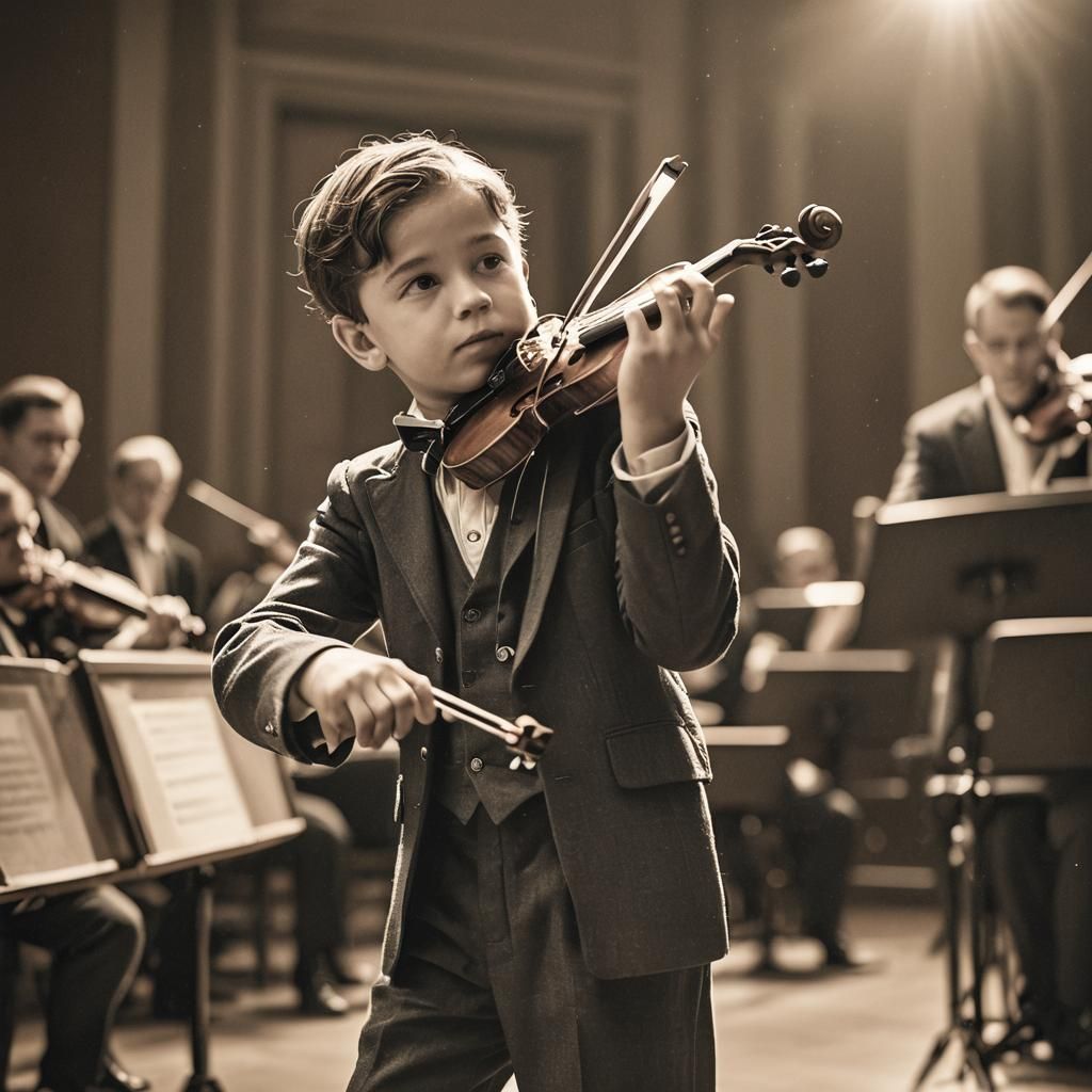 Child Prodigy Plays Violin in 1930s Concert Hall