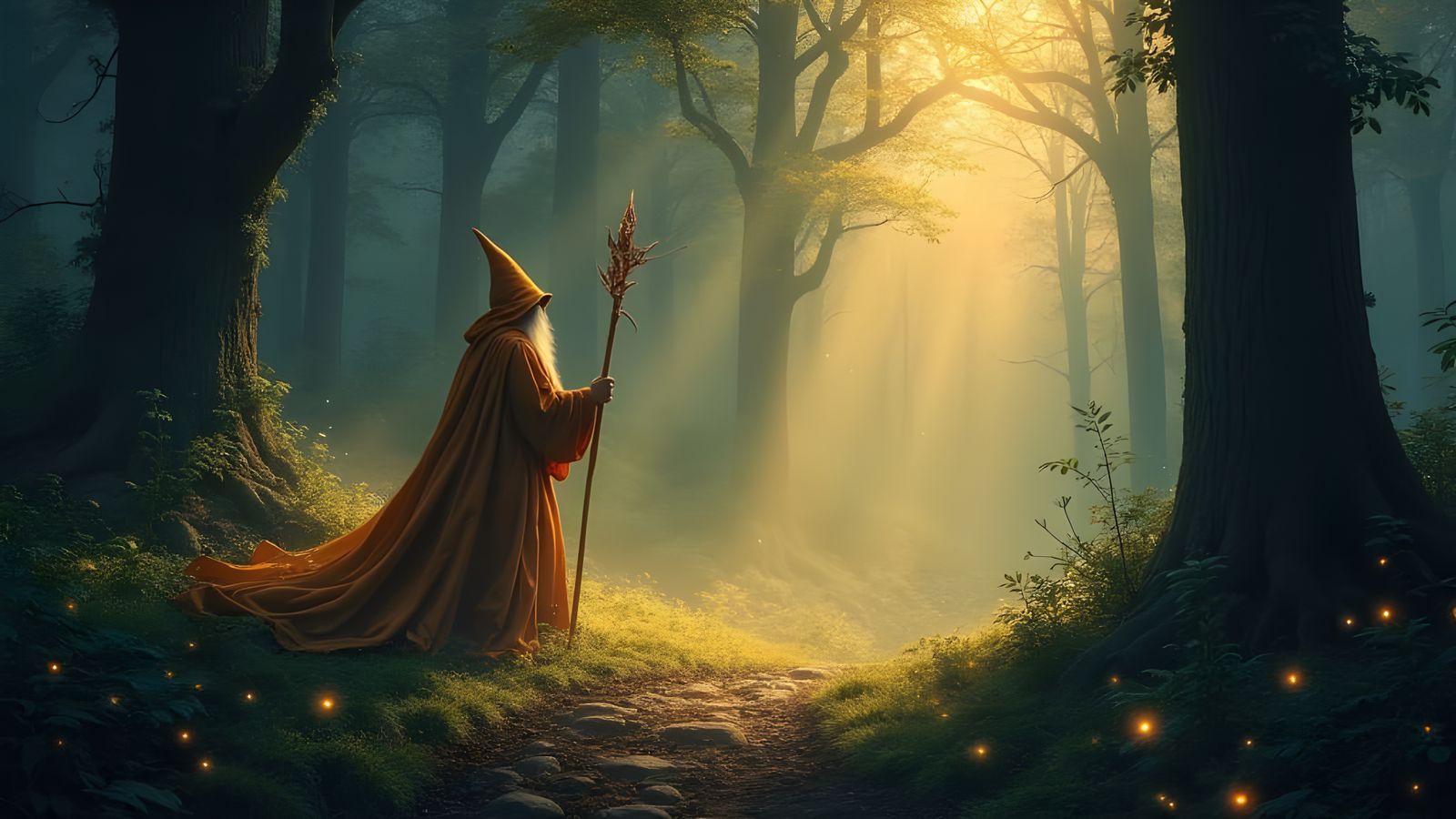 Wizard Walking Through the Forest in a Radiant Dawn
