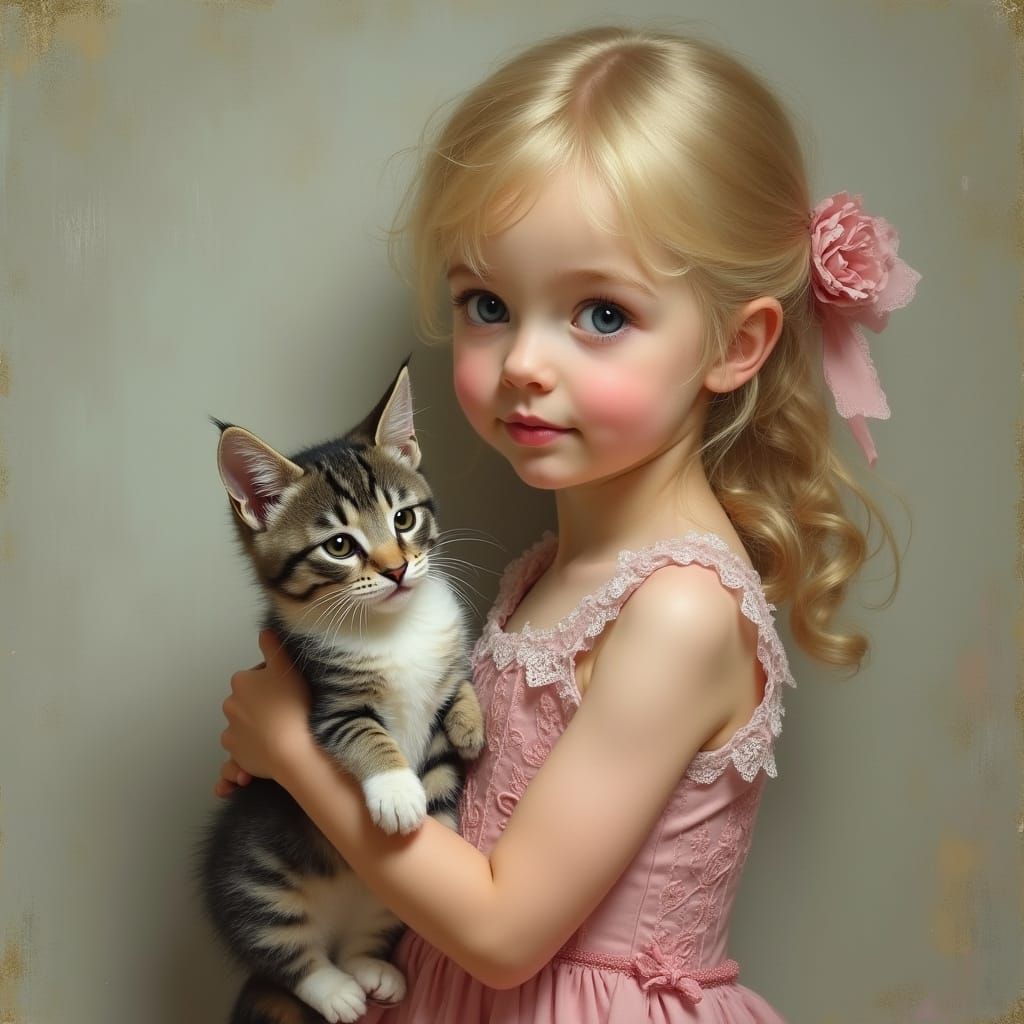 Girl with Kitten in Realistic Acrylic Style