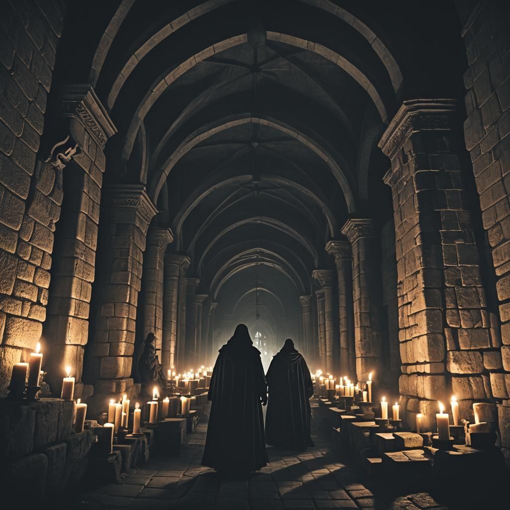 Ominous Dark Fantasy Dungeon with Ghostly Figures