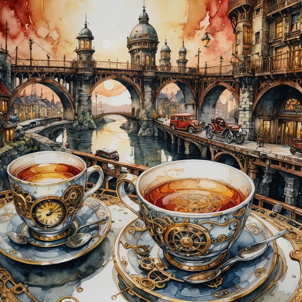 Surreal Steampunk Bridge Between Cups in Watercolor