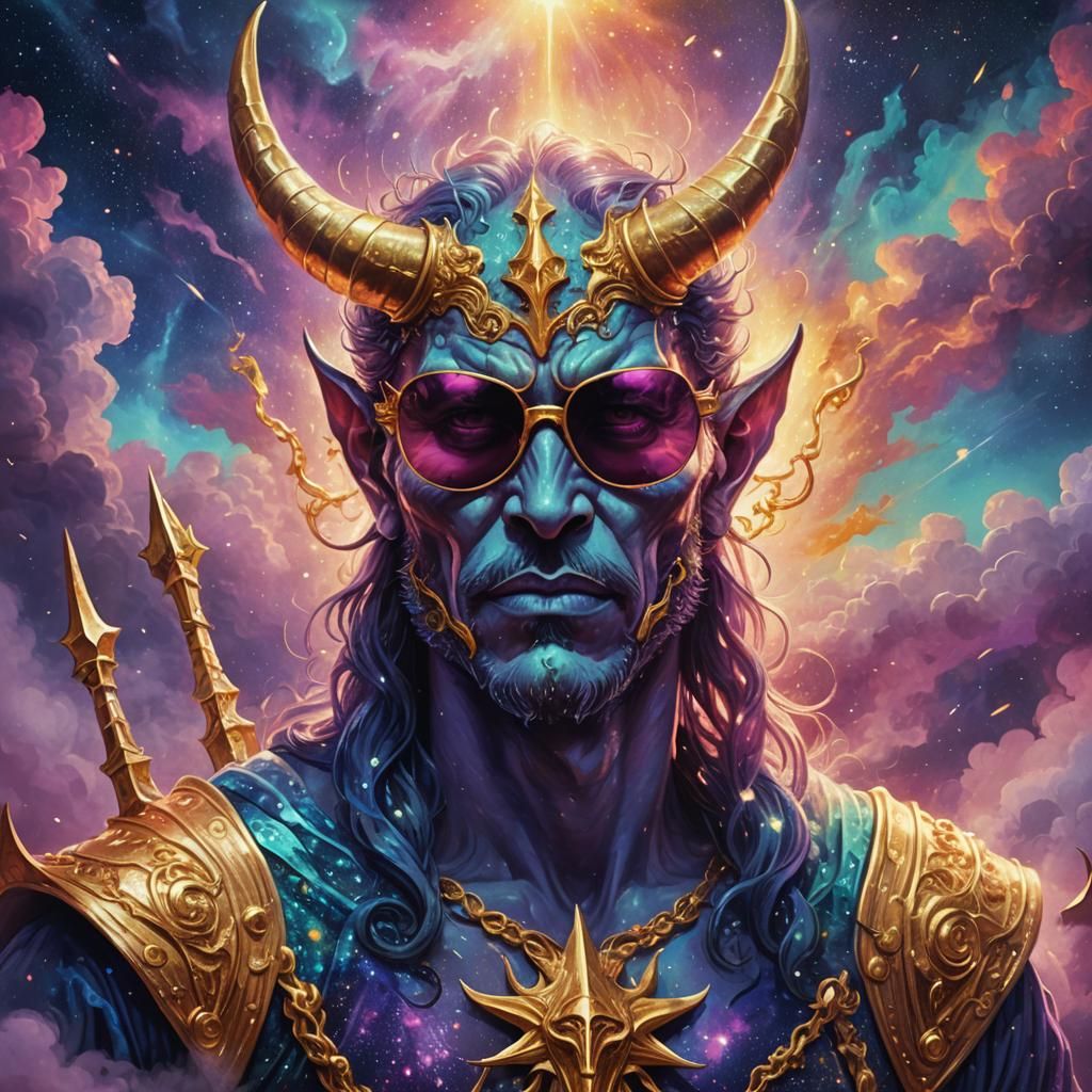 Surreal Devil in Sky with Trident, Cosmic Illustration