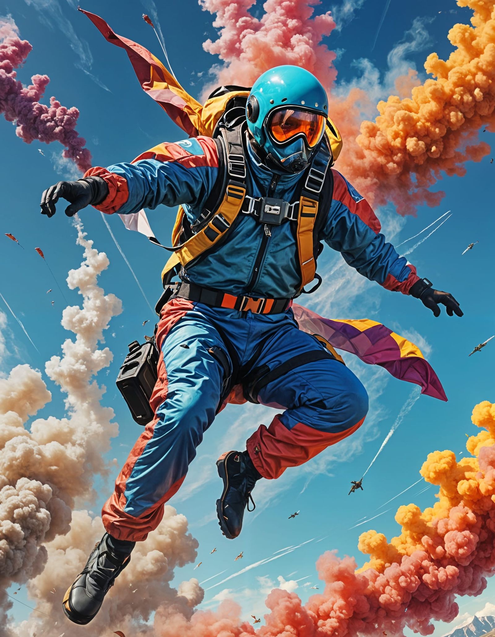 Wingsuit Skydiver in Nosedive with Smoke Trail