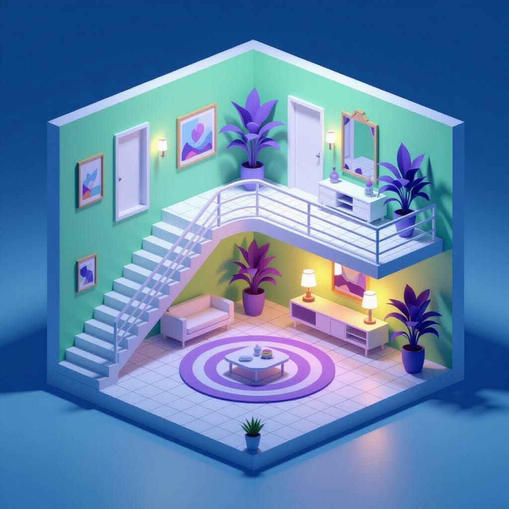 Retro-Futuristic 8-Bit Apartment Interior Isometric View