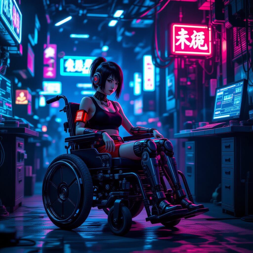 Cyberpunk Hacker Den With Cybernetic Woman