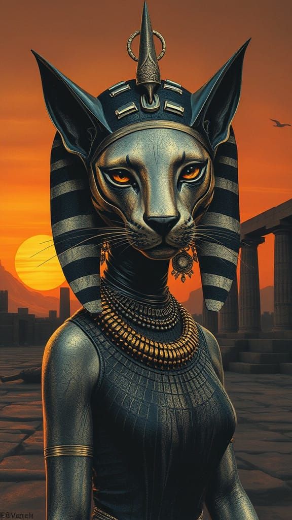 Ancient Egyptian Goddess Bastet Emerges in Cosmic Hues