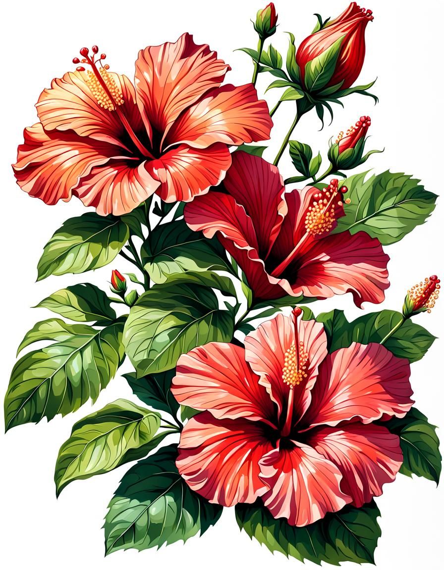 Detailed Hibiscus Flower Botanical Illustration