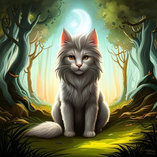 Majestic Kitten-Unicorn in Magical Forest, Art Nouveau
