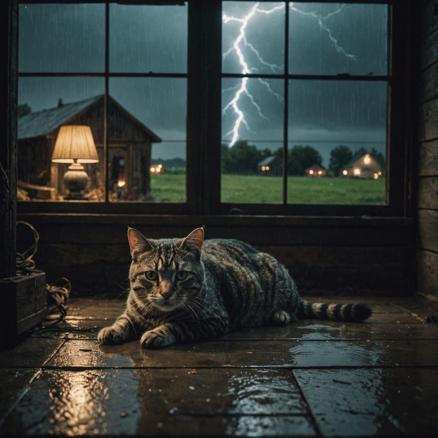 Grey Tabby Cat and Pig in Barn at Night
