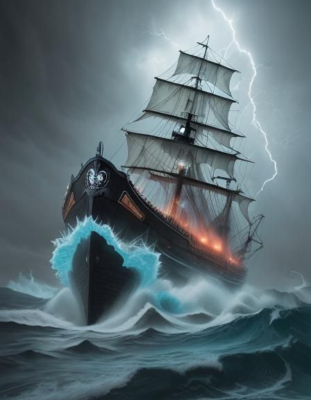 Ghostly Pirate Ship Amidst Raging Storm