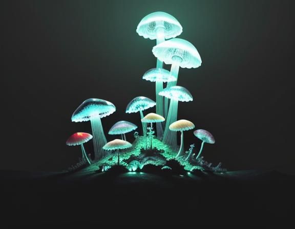 Glowing Jellyfish Among Giant Toadstools in Sepia Forest