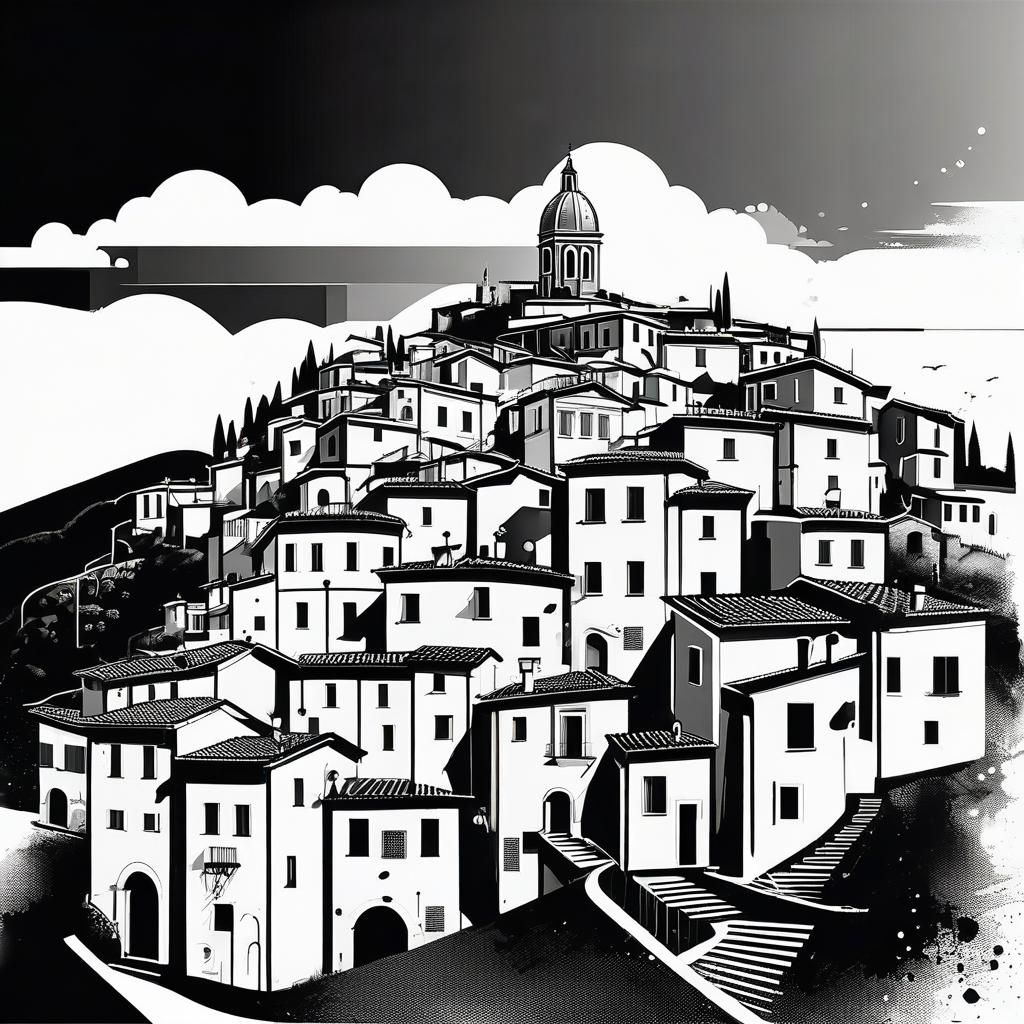 Italian Hill Town Schematic Art in Black and White