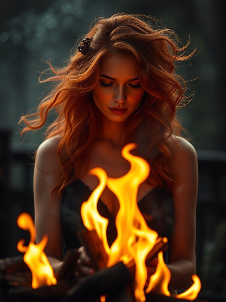 Fiery Redhead Siren with Dancing Flames