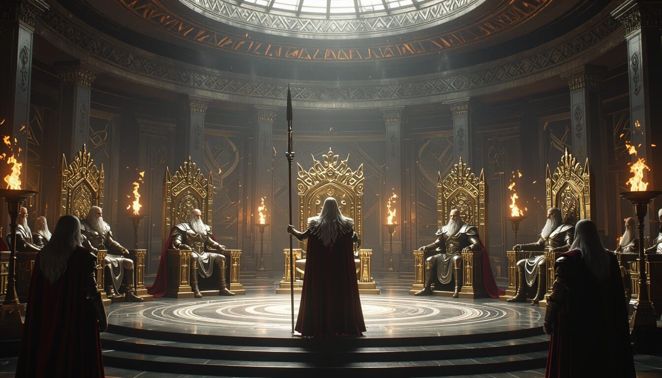Odin and Gods in Asgard's Council Hall