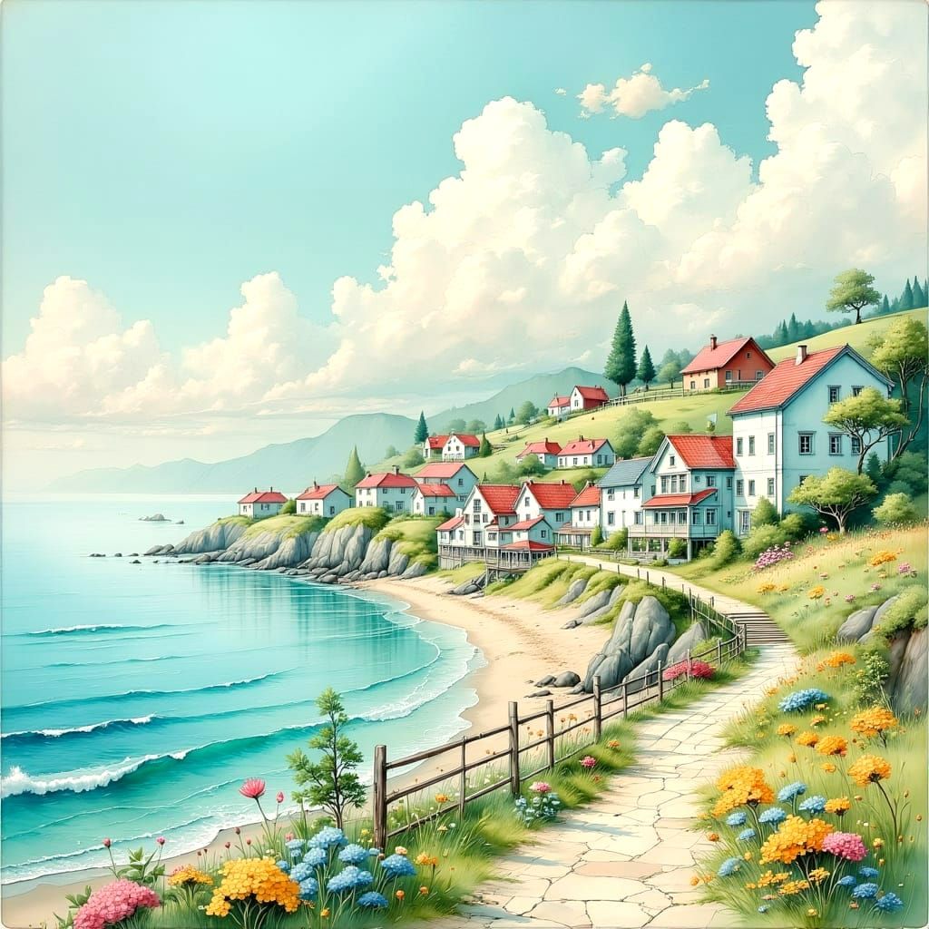 Dreamy Scandinavian Coastal Landscape in Pastel Hues