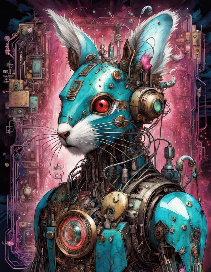 Cybernetic Squirrel Robot Portrait with Circuit Background