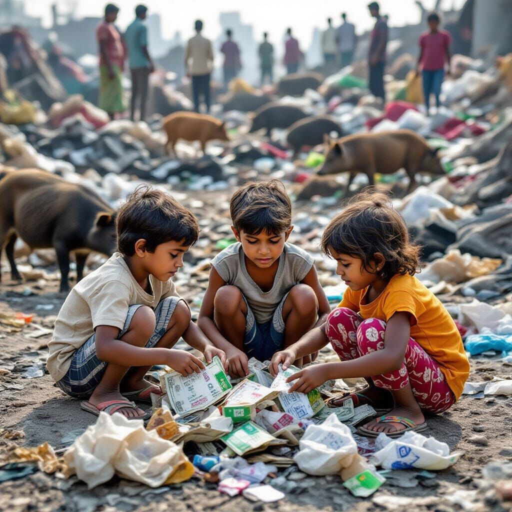Children Scavenge for Recyclables Amidst Pigs in Garbage Dum...