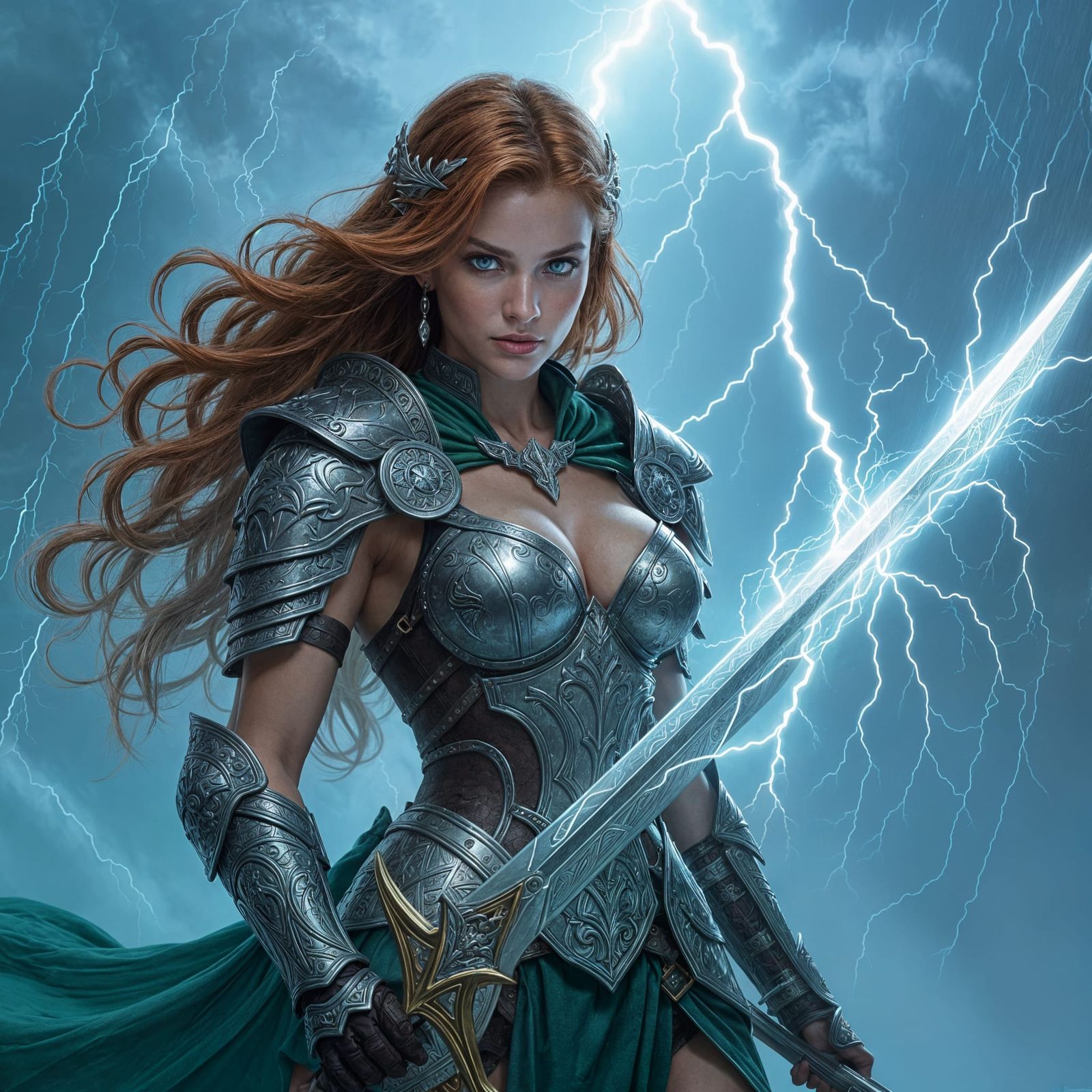 A valkyrie warrior with long, flowing auburn hair and piercing emerald eyes, standing amidst a raging thunderstorm