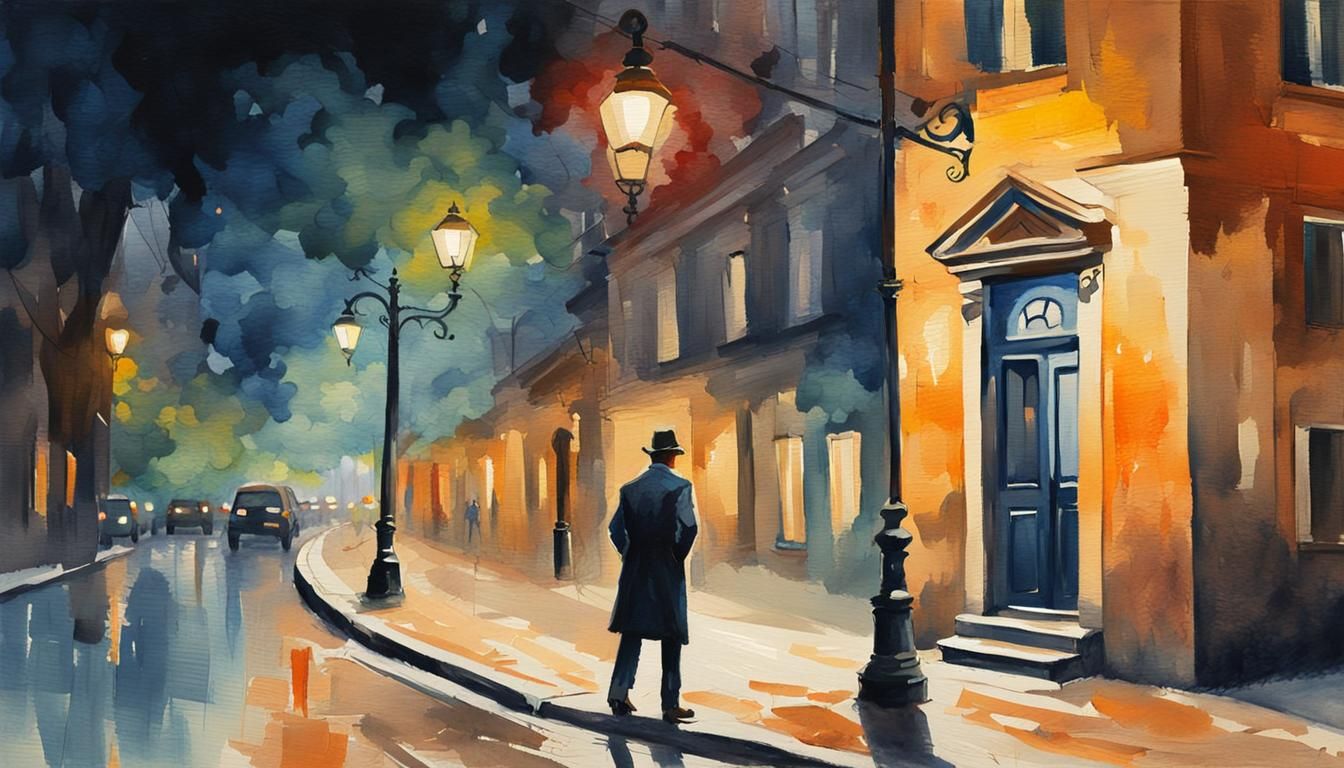 Spy in Gouache Style Under Street Lamp