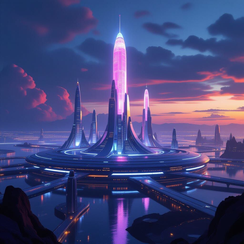 Circular Sci-Fi City at Dusk with Glowing Monuments