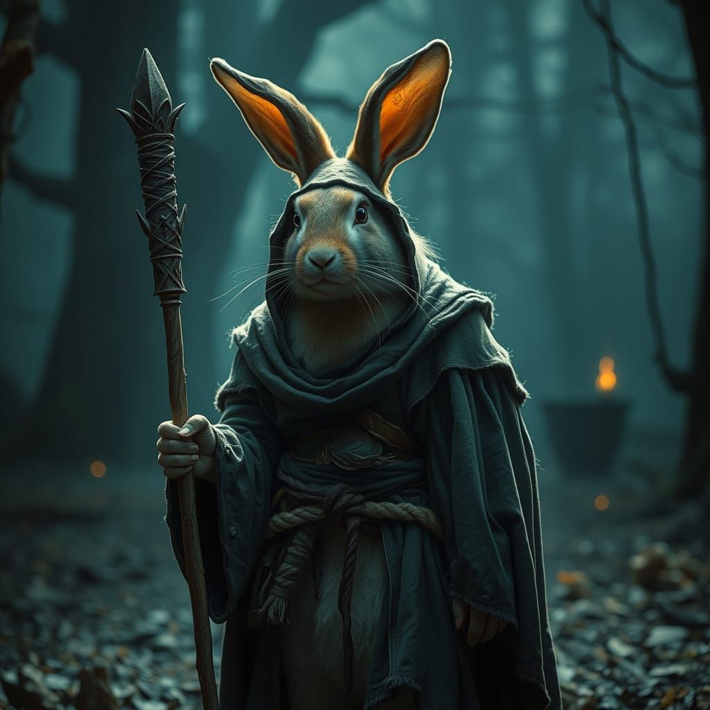 Rabbit Druid in Dark Fantasy World: Cinematic Still