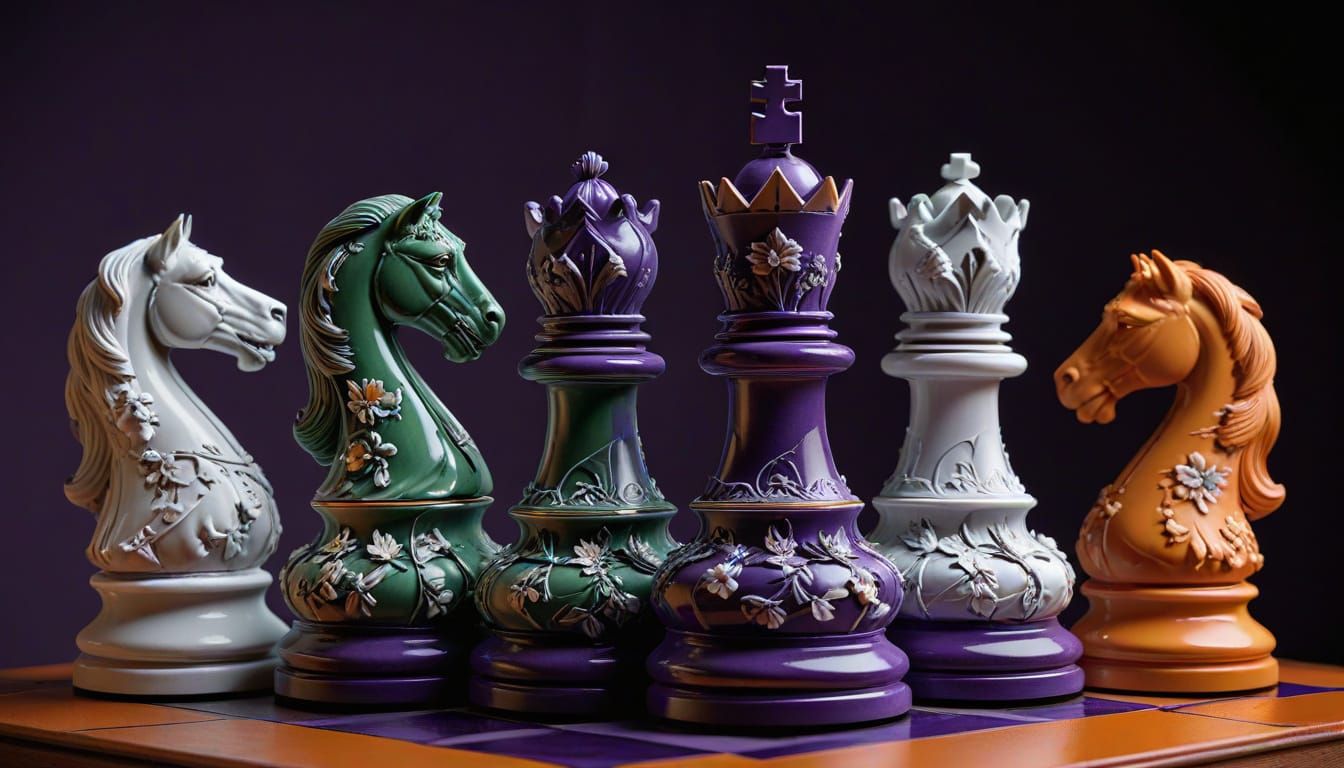 Vibrant Floral Wedgwood Chess Set on a Dramatic Purple Orang...
