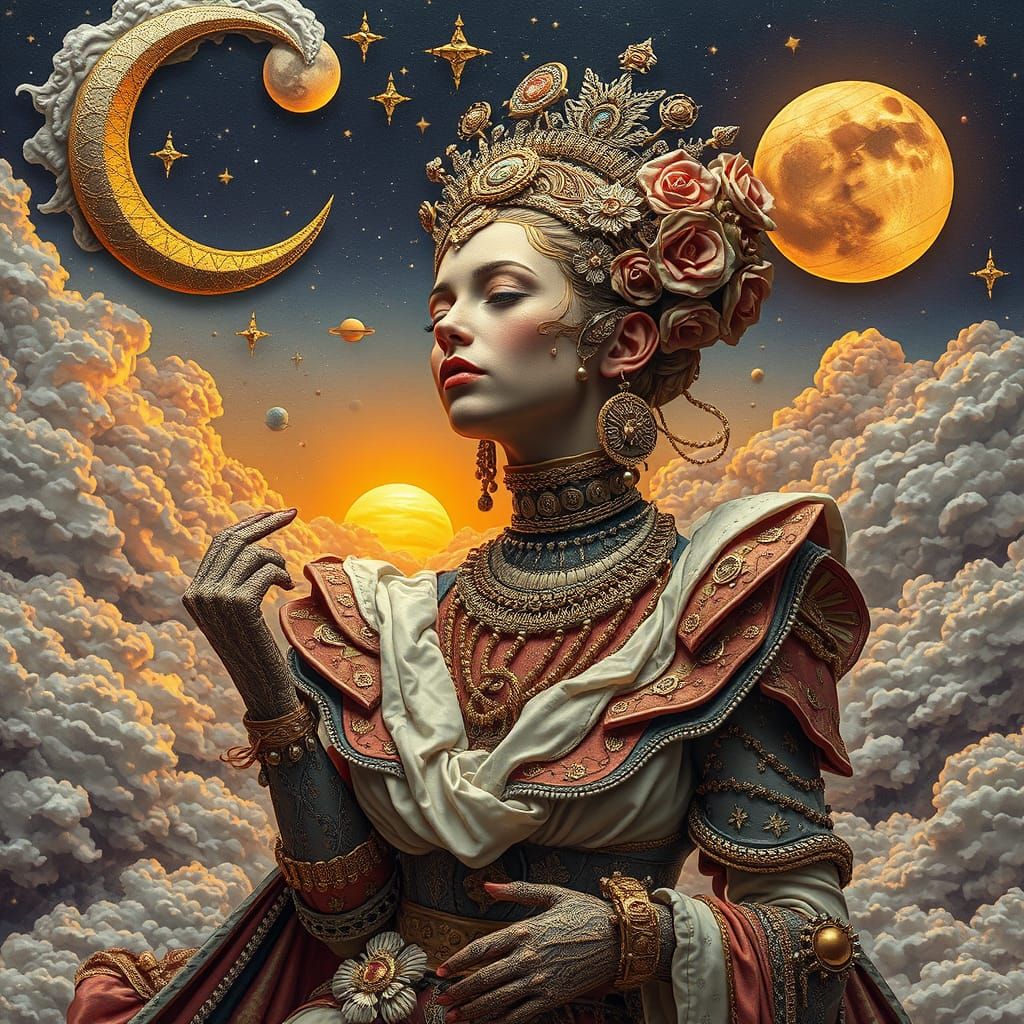 Surreal Cosmic Goddess in Opulent Embroidered Robes with Thr...