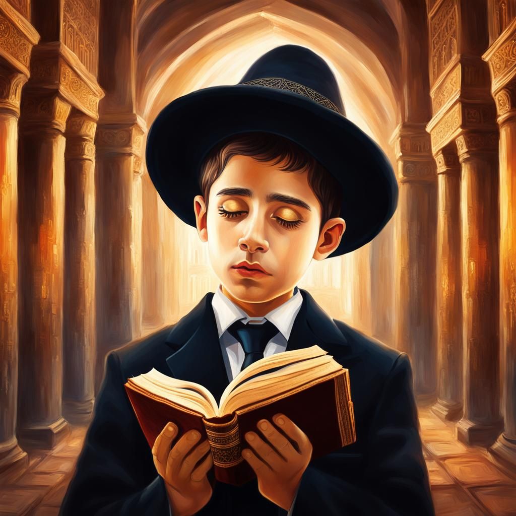 Hasidic Boy Praying in Golden Light: Oil Painting
