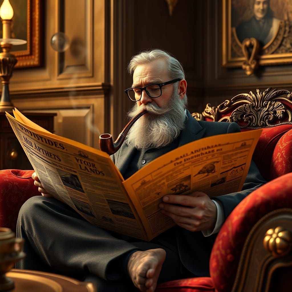 Refined Gentleman Reads Mysterious Newspaper in Luxurious St...