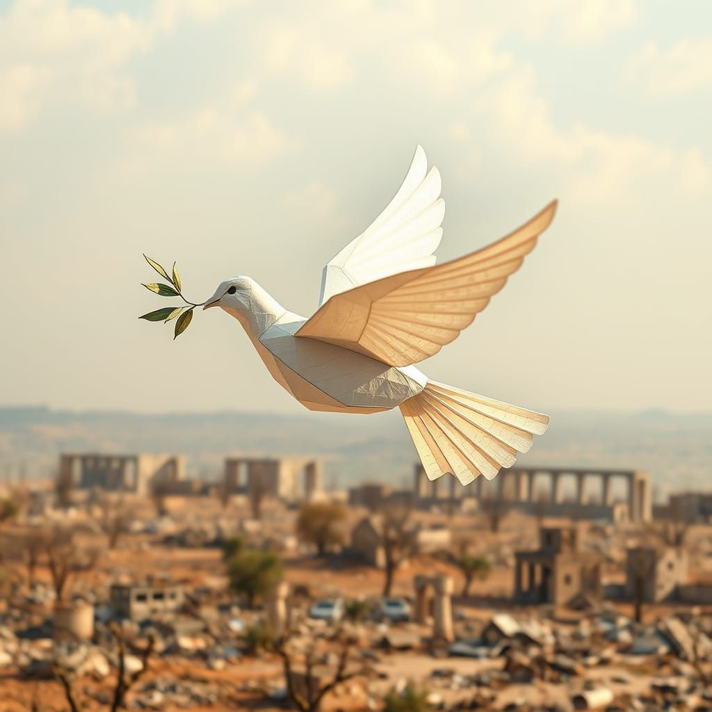 Delicate Origami Dove Soars Over War-Torn Landscape