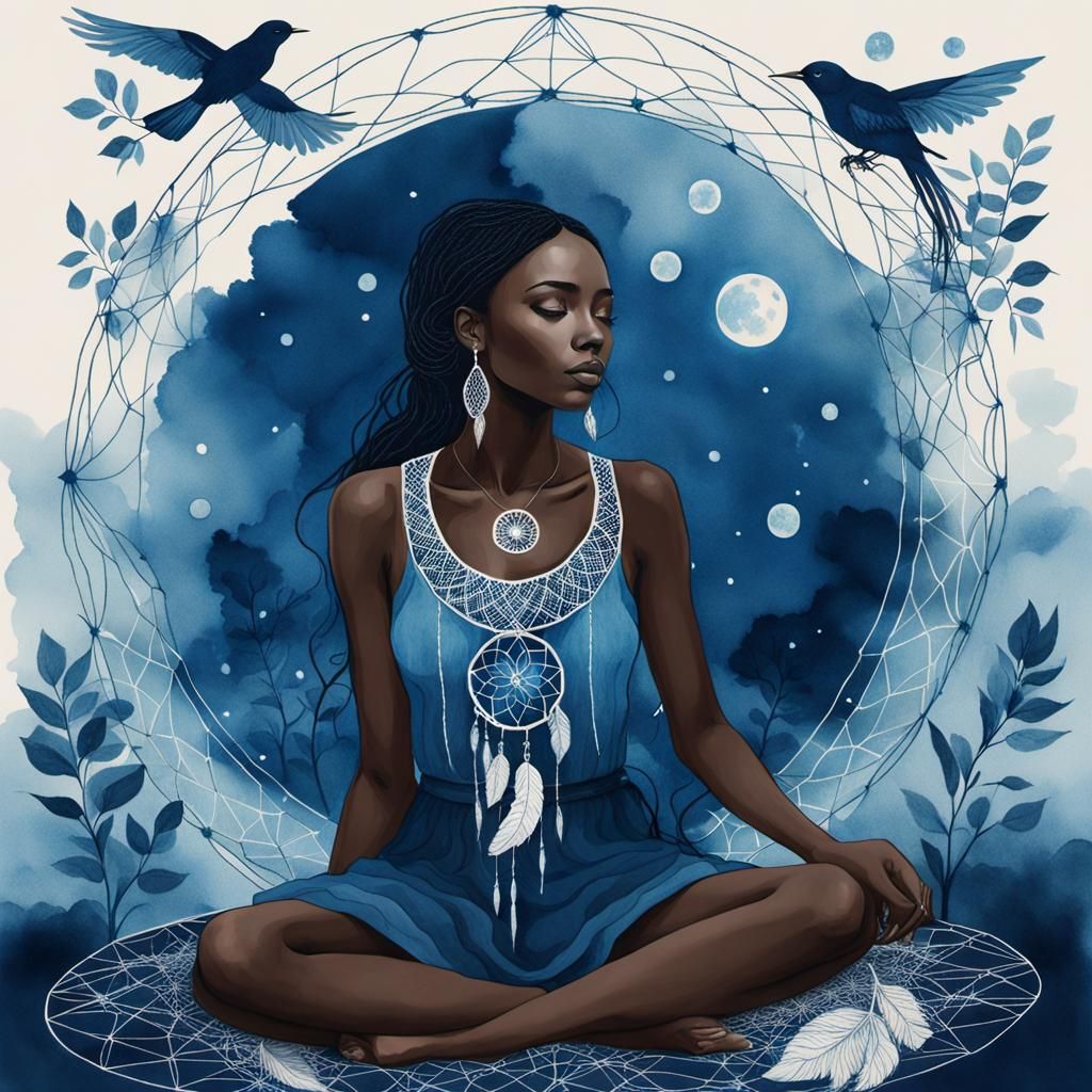 Girl on Crystal Watching Birds in Cyanotype Style