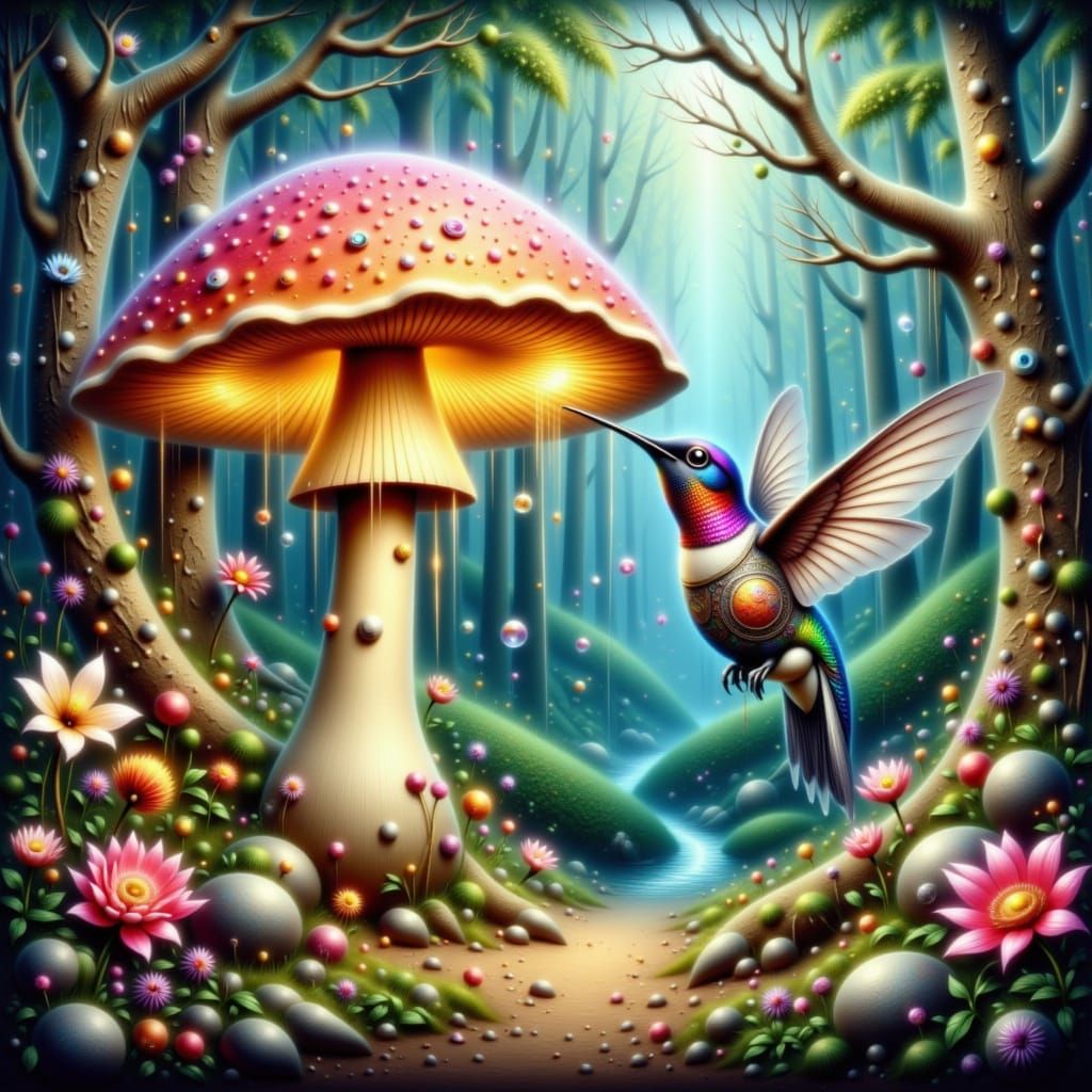 Clockwork Hummingbird in Dreamlike Forest Oil Painting