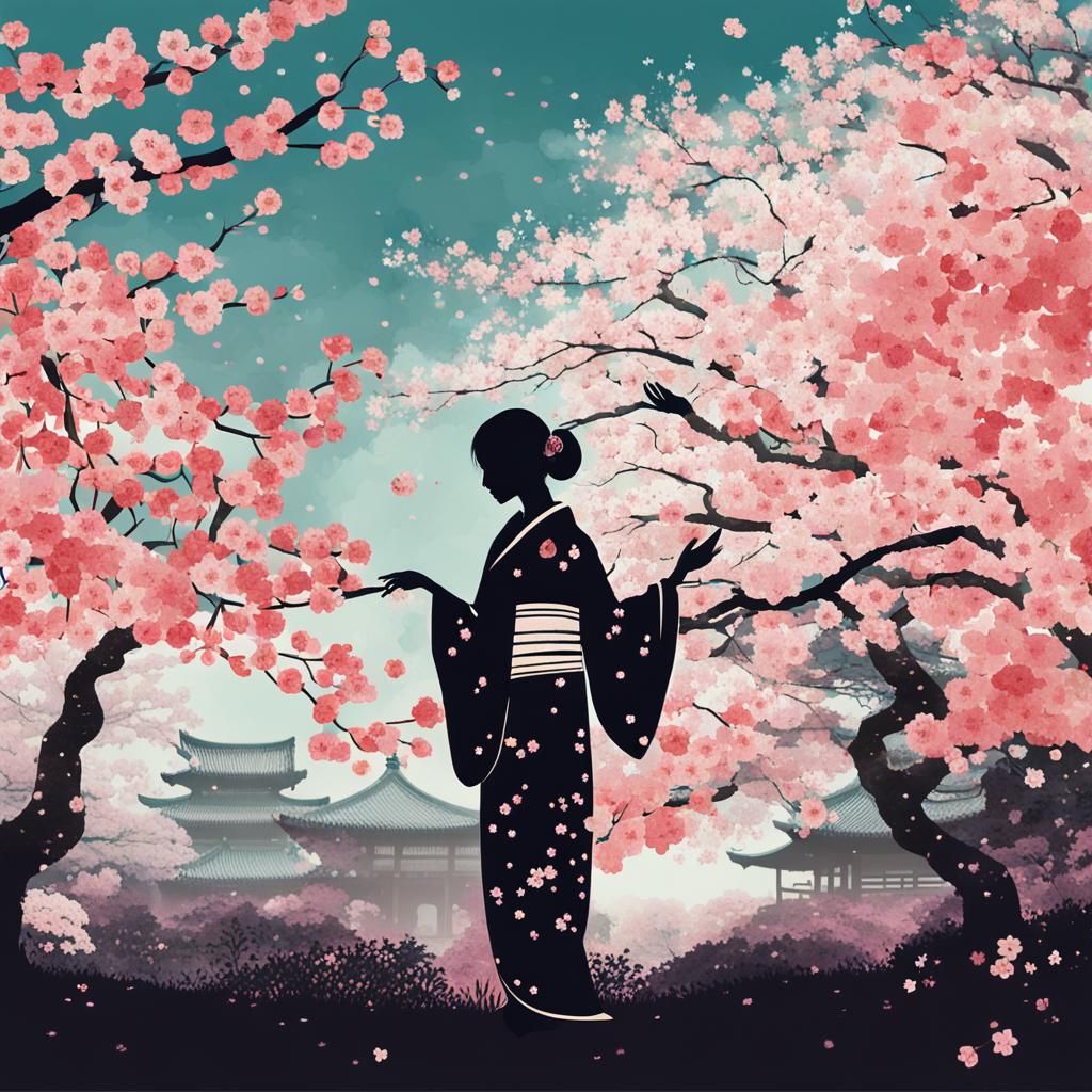 Cherry Blossom Garden with Kimono Silhouette