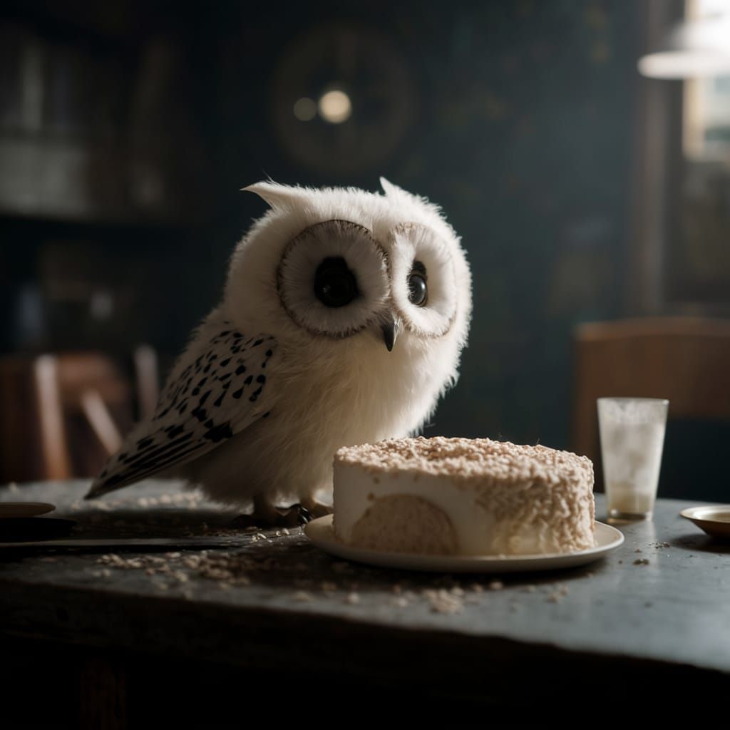 Surreal Cinematic Still of a Small Fluffy Owl in a Filmic Ma...