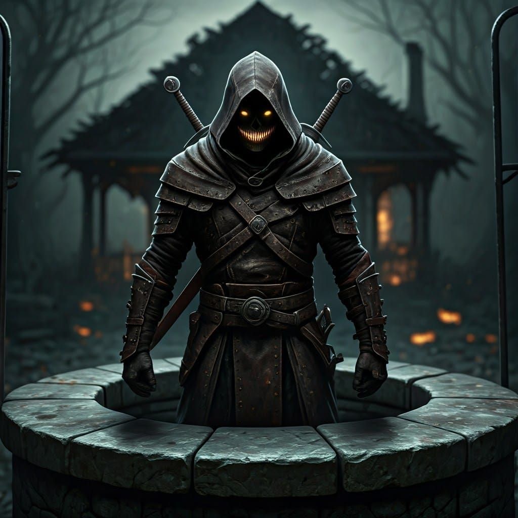 Eerie Hooded Figure at Ancient Well in Gritty Horror Style