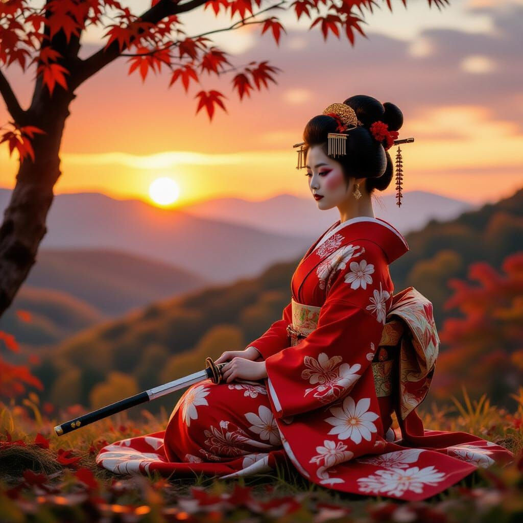 Geisha With Katana in Autumn Forest at Sunset Double Exposur...