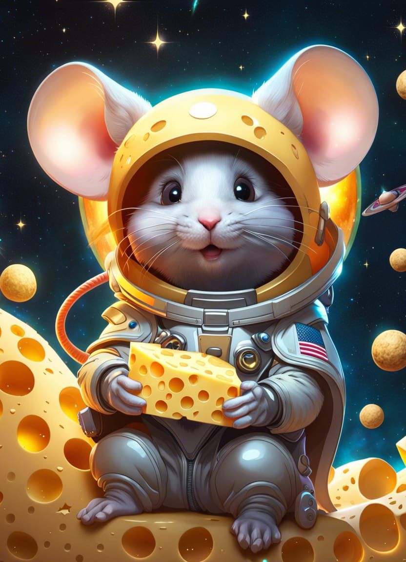 Cute Space Mouse Eats Cheese Moon, Digital Art