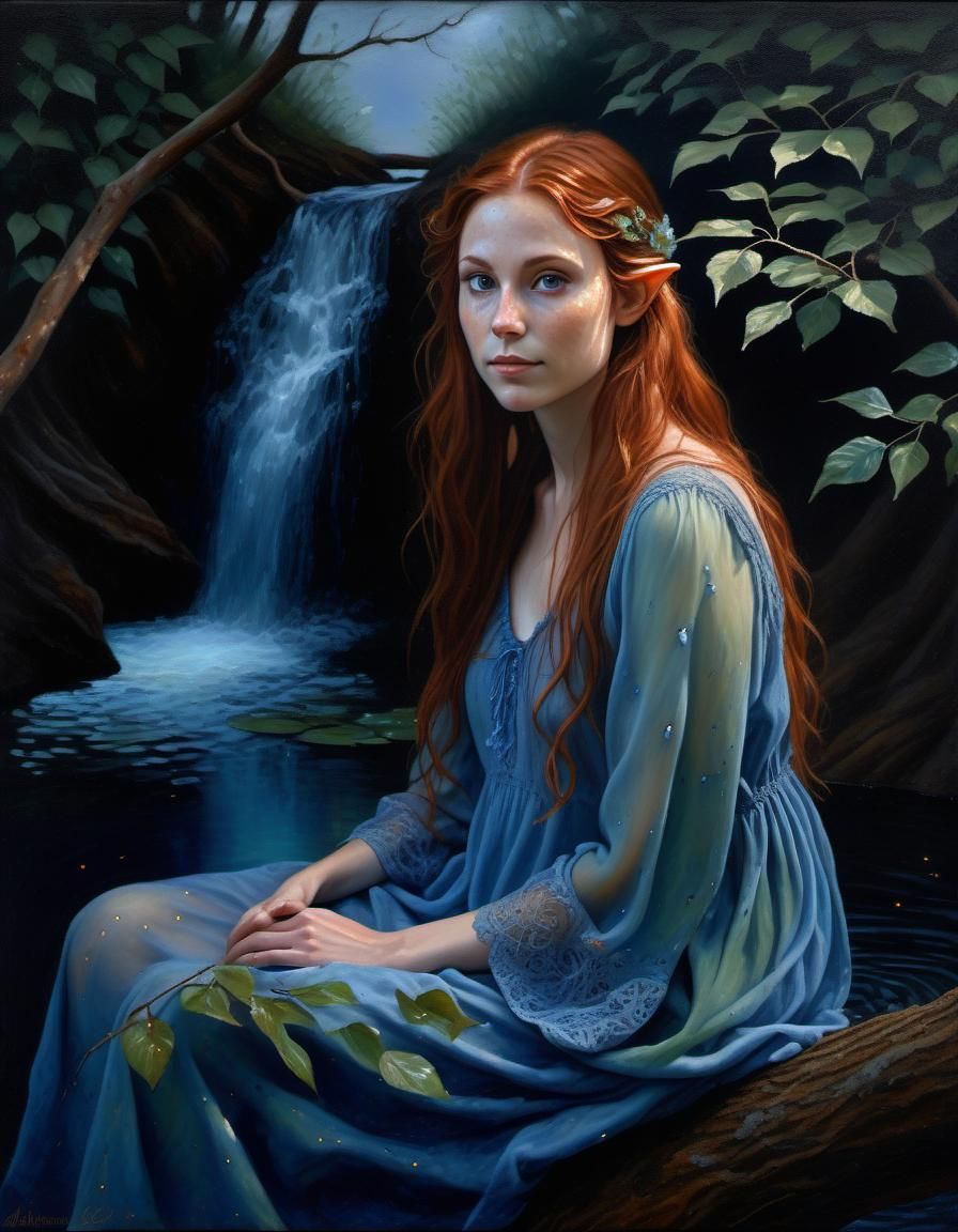 Ethereal Elf Woman in Forest, Chiaroscuro Oil Painting