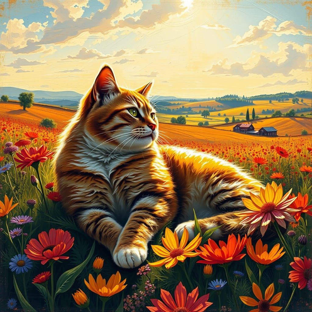 Cat Lounging in Wildflowers: Digital Impasto Painting