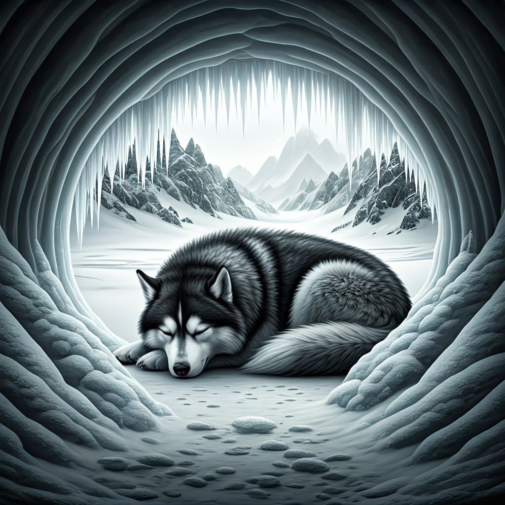 Giant Husky Slumbering in Majestic Snowy Cave