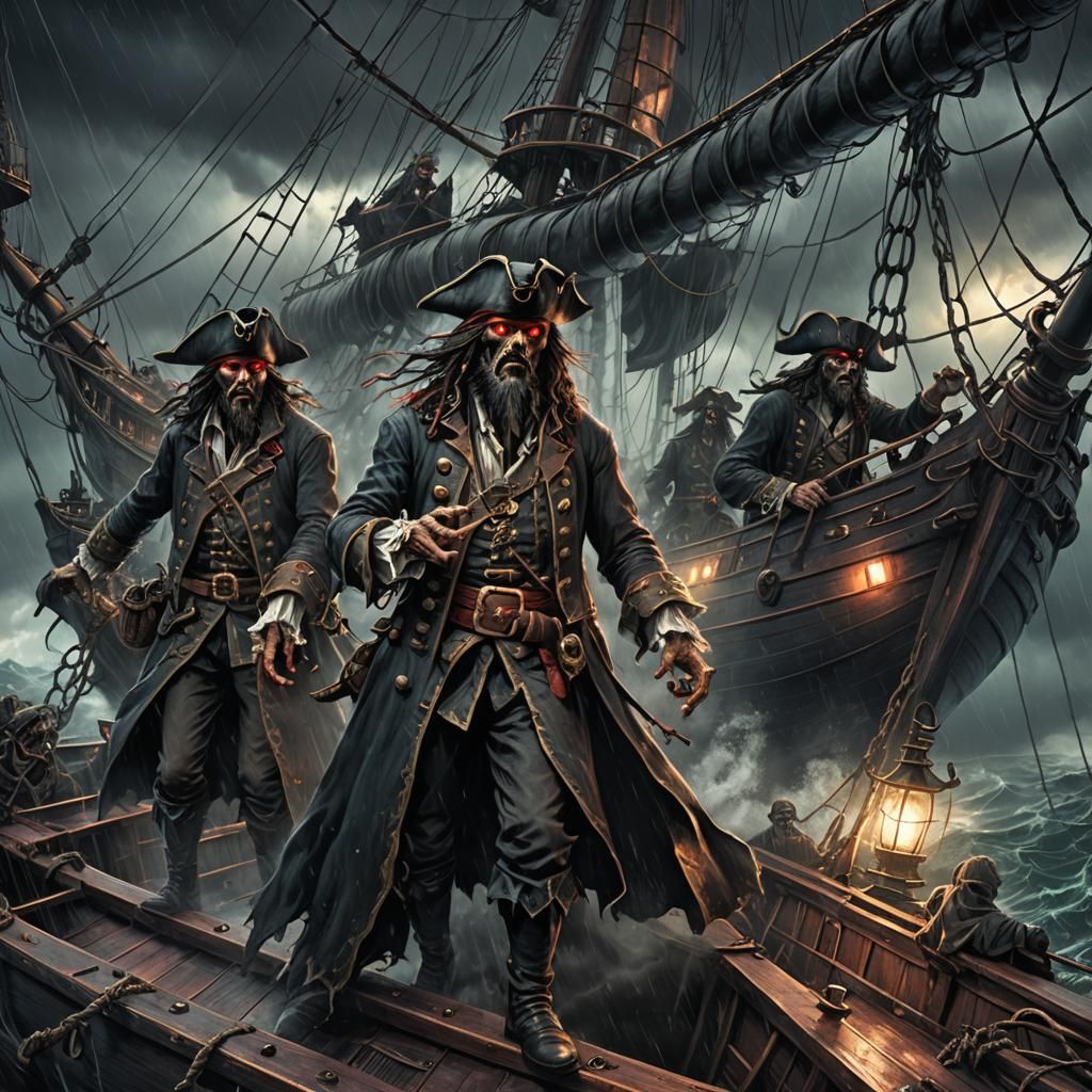 Ghostly Pirates on a Stormy Ship: Gothic Illustration